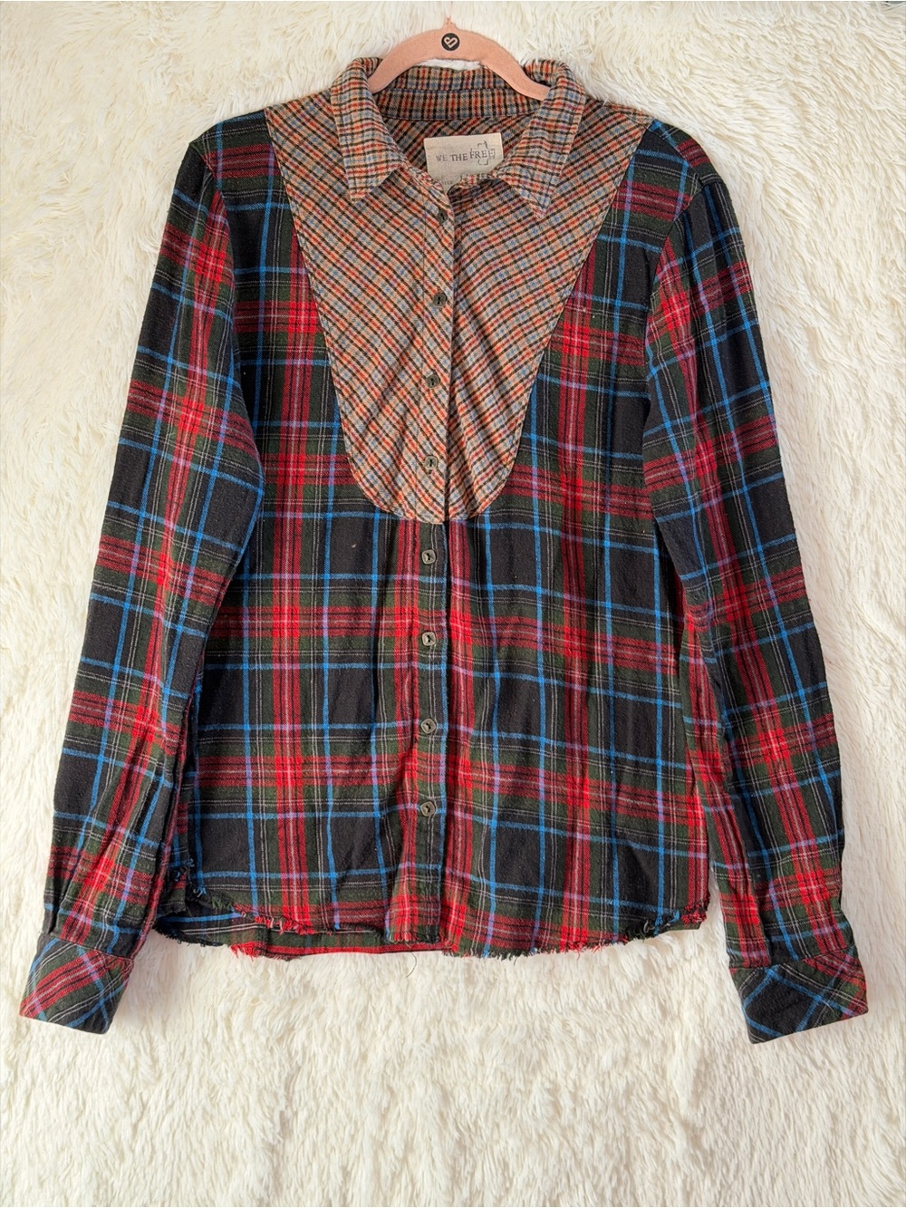 We The Free Womens Boho Rustic Plaid Flannel Mixed Media Shirt Size L Raw Hem - Picture 3 of 9